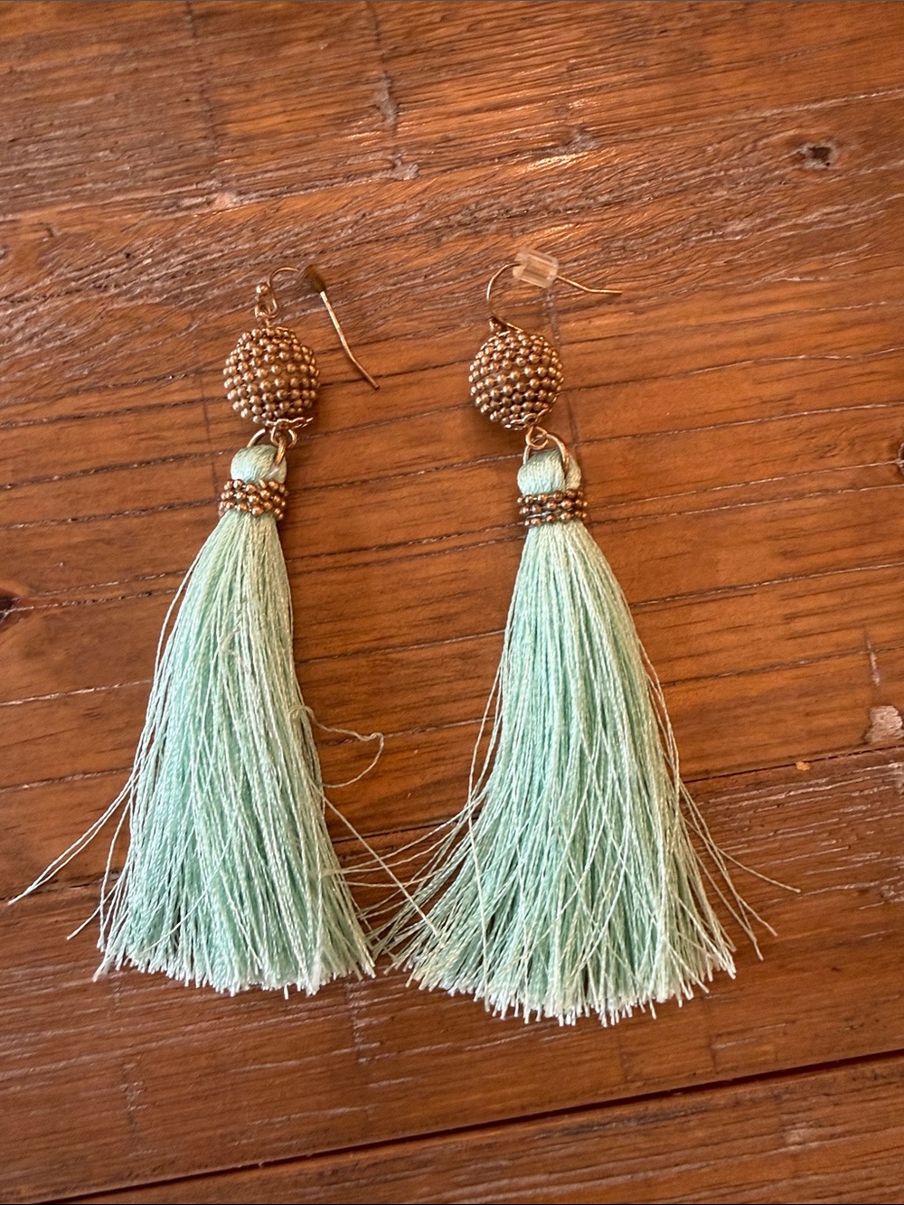 Gold Bead Mint Tassel Drop Earrings - Women Jewelry